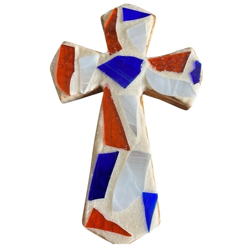 Mosaic Tile On Wood Cross Religious Wall Art Cream Orange & Blue 8”x5”x1”